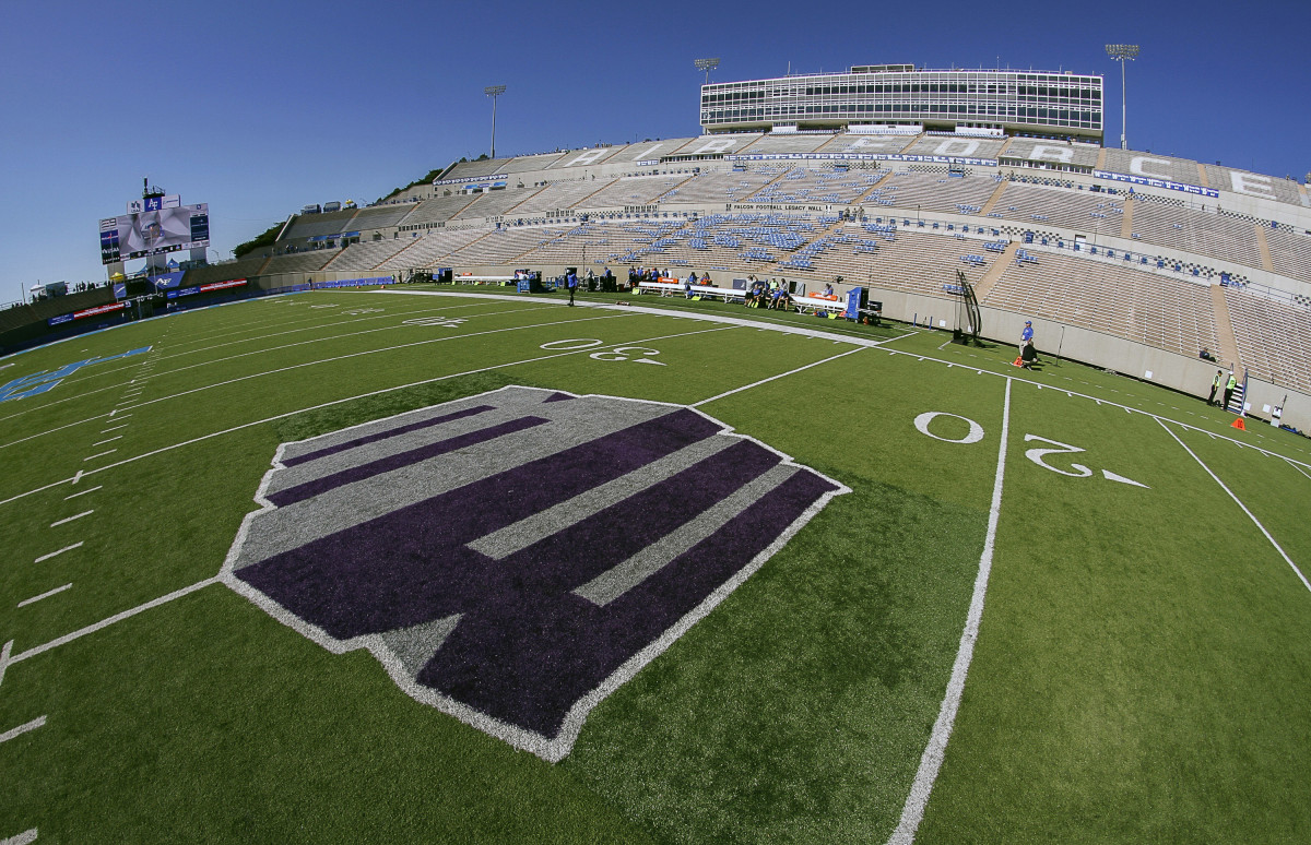 Colorado Springs, CO, USA; The Mountain West conference logo at the 25-yard line is seen prior to a game between the Air Force Falcons and Georgia State Panthers at Falcon Stadium. The Falcons won 48-14.