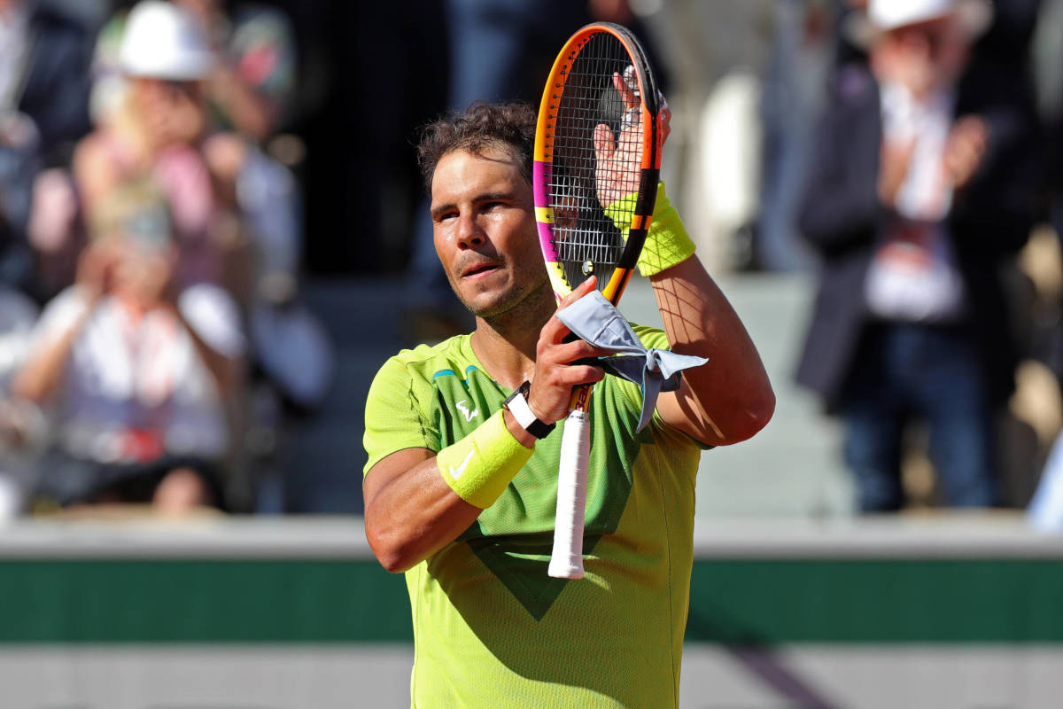 Tennis star Rafael Nadal pictured applauding fans at the 2022 French Open in Paris