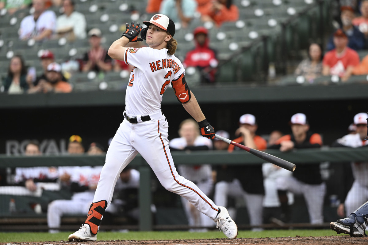 Gunnar Henderson swings at a pitch during a game with the Baltimore Orioles.