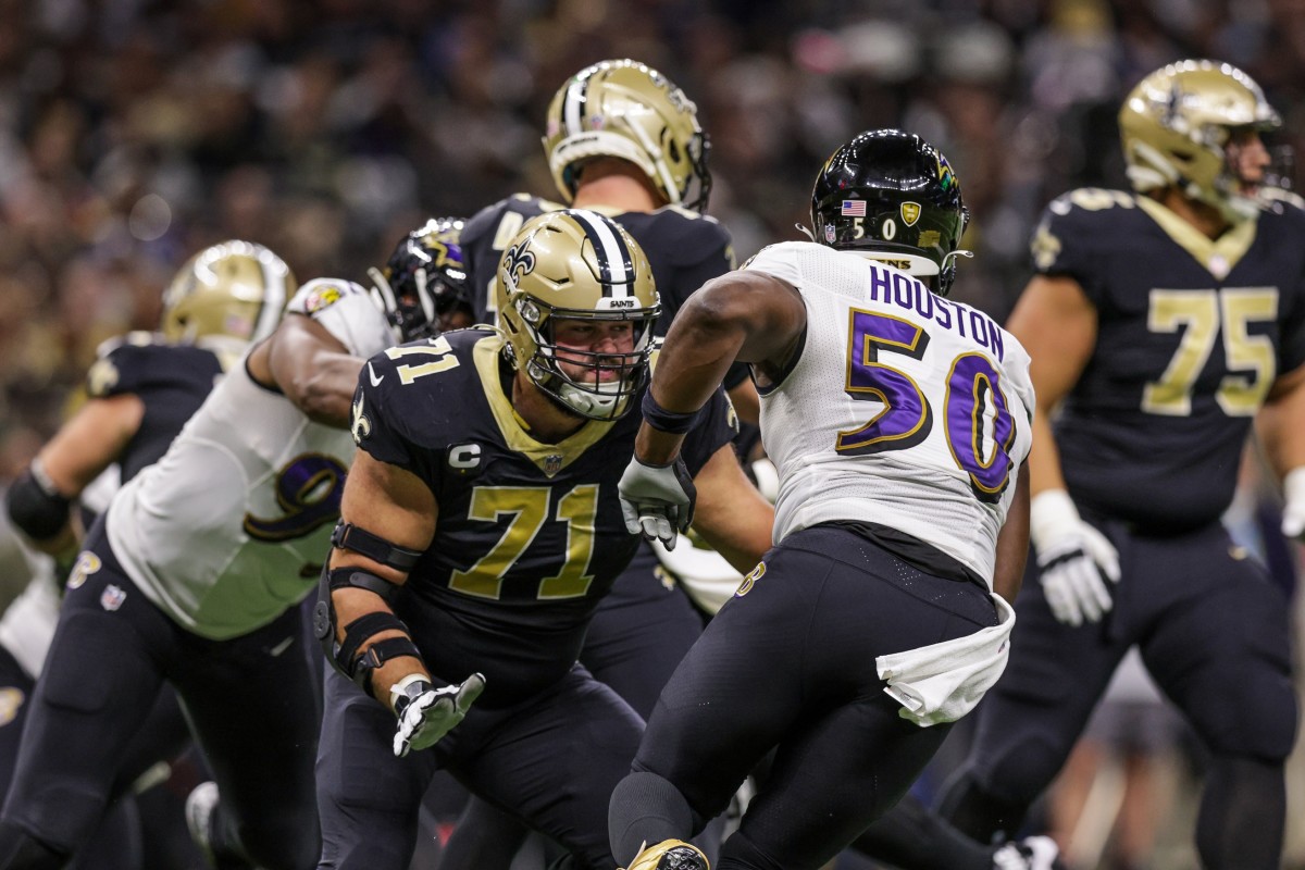 New Orleans Saints offensive tackle Ryan Ramczyk (71) blocks against Baltimore Ravens LB Justin Houston (50). Mandatory Credit: Stephen Lew-USA TODAY