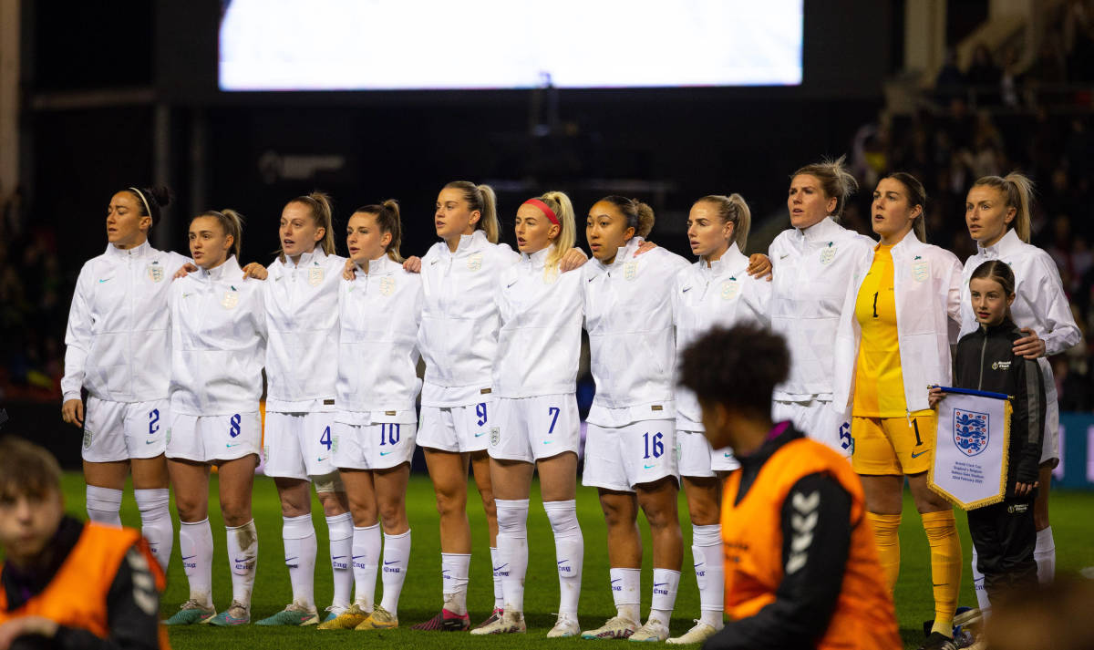 Players of the England women's national team pictured before their 6-1 win over Belgium in the final game of the 2023 Arnold Clark Cup