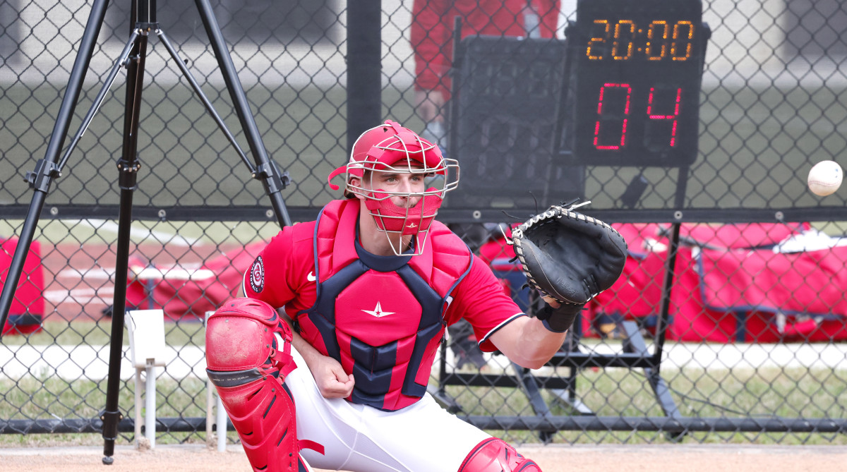 A new pitch clock counts down as Washington Nationals catcher Riley Adams catches a pitch during spring training workouts at the Ballpark of the Palm Beaches.
