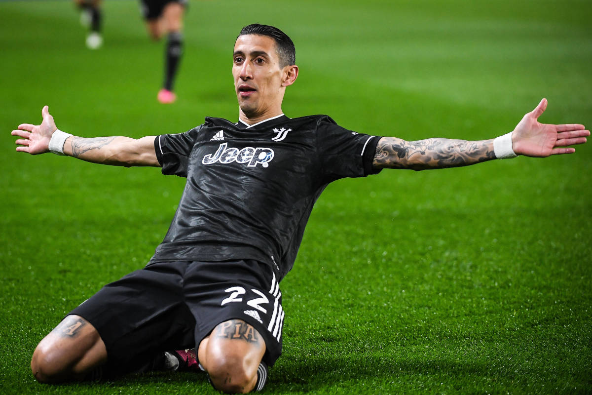 Angel Di Maria pictured celebrating after scoring for Juventus against Nantes in the 2022/23 UEFA Europa League