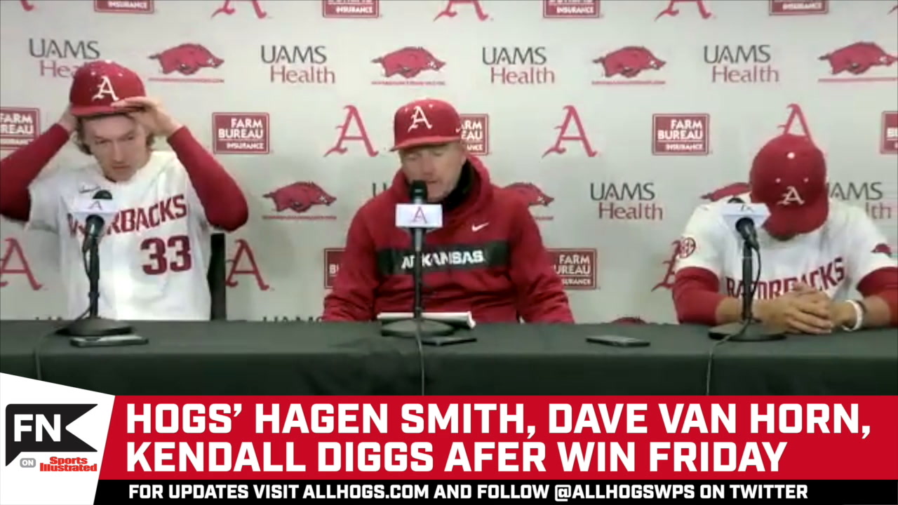 Hogs' Dave Van Horn, Hagen Smith. Kendall Diggs After Win Sports