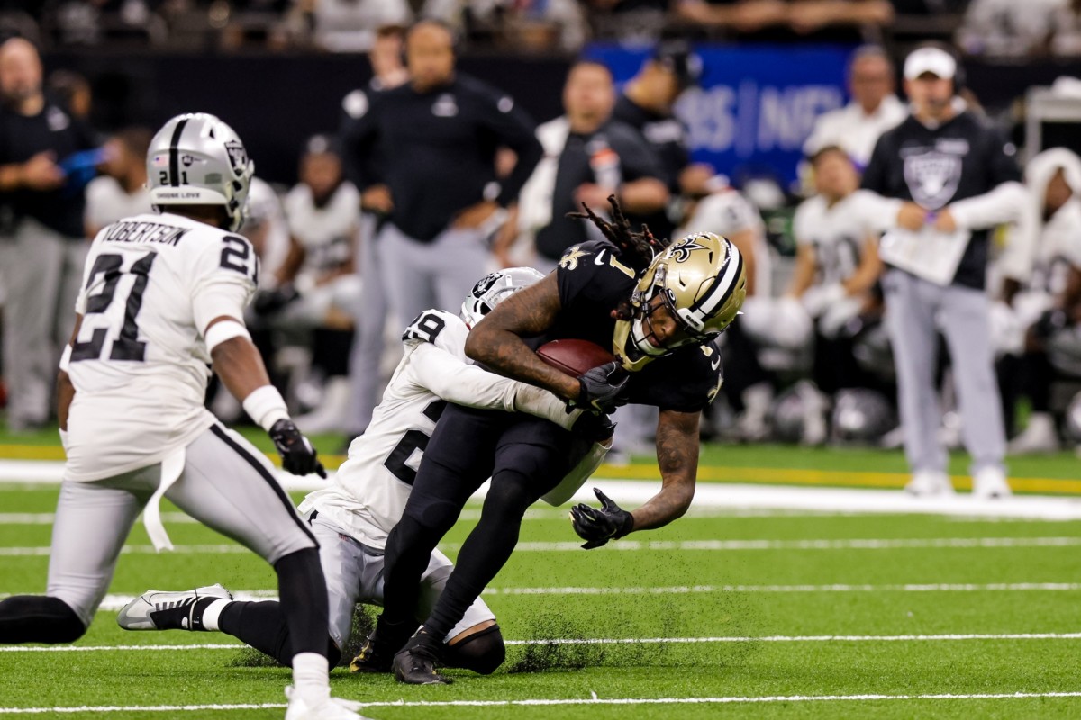 New Orleans Saints receiver Marquez Callaway (1) after a catch against the Las Vegas Raiders. Mandatory Credit: Stephen Lew-USA TODAY Sports