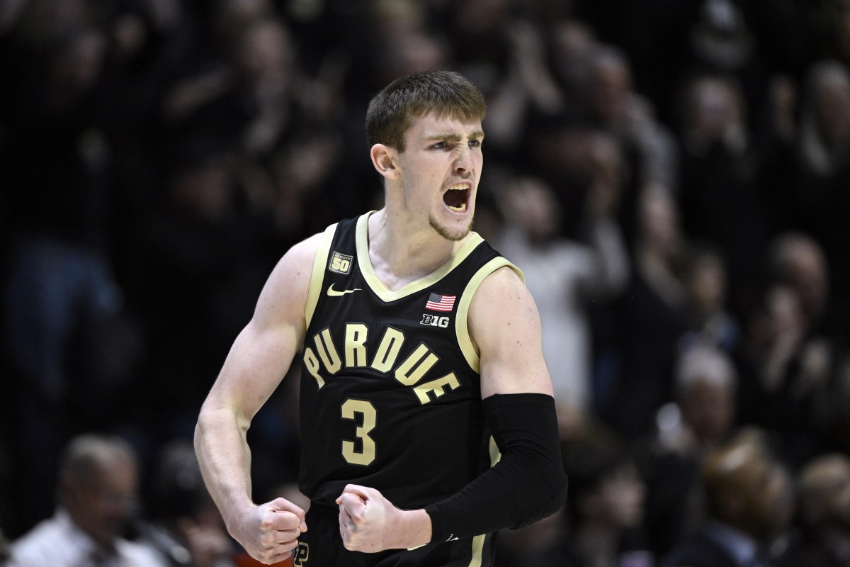 Purdue Boilermakers guard Braden Smith (3) reacts during the first half against the Indiana Hoosiers at Mackey Arena.
