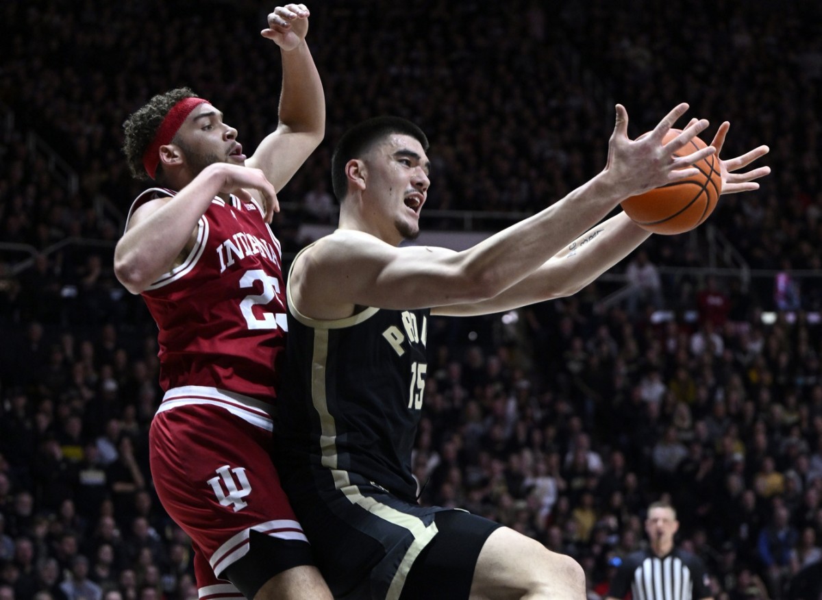 Purdue Boilermakers center Zach Edey (15) grabs a rebound against Indiana Hoosiers forward Race Thompson (25) during the first half at Mackey Arena.