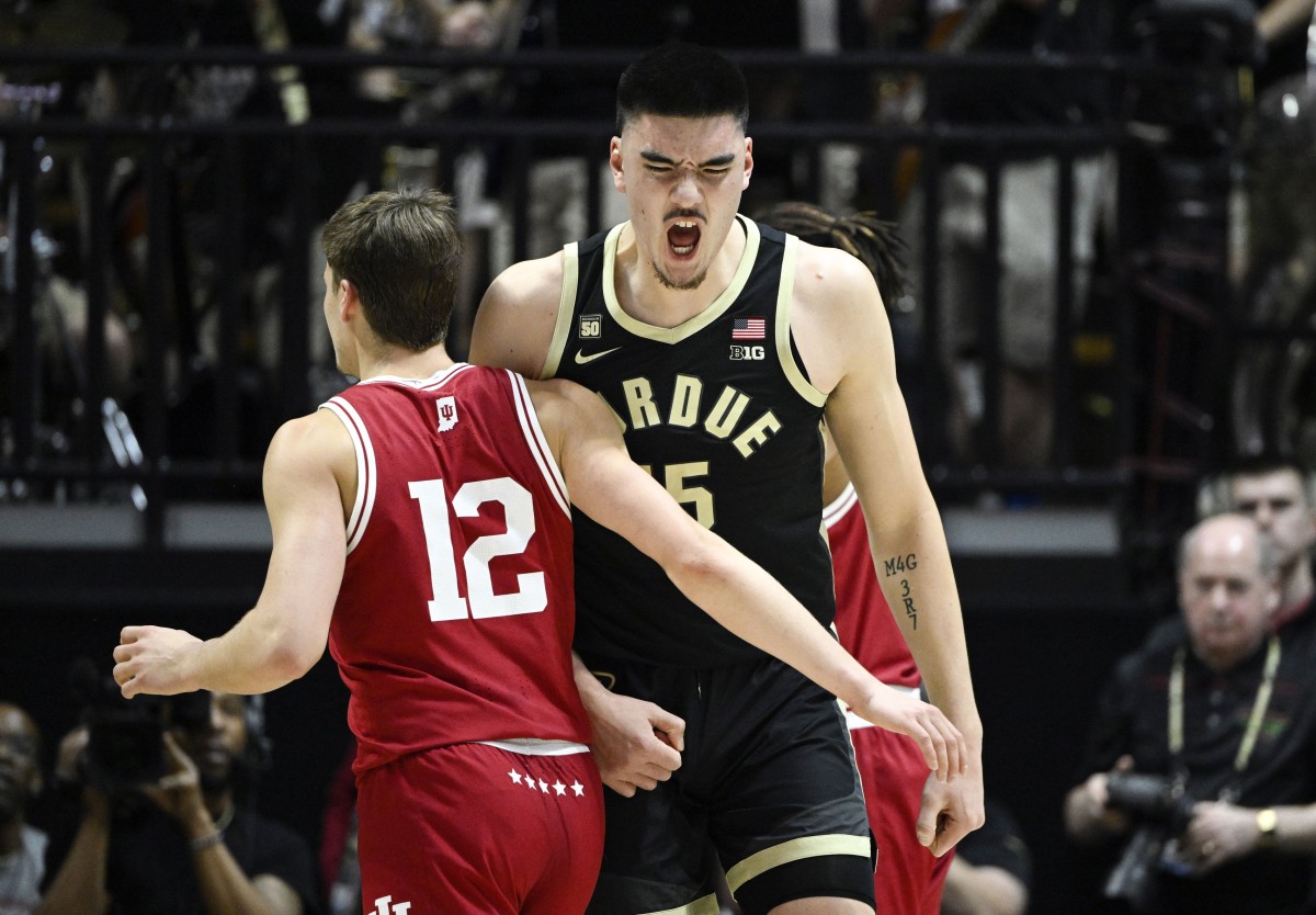 Purdue Boilermakers center Zach Edey (15) reacts against Indiana Hoosiers forward Miller Kopp (12) during the first half at Mackey Arena.
