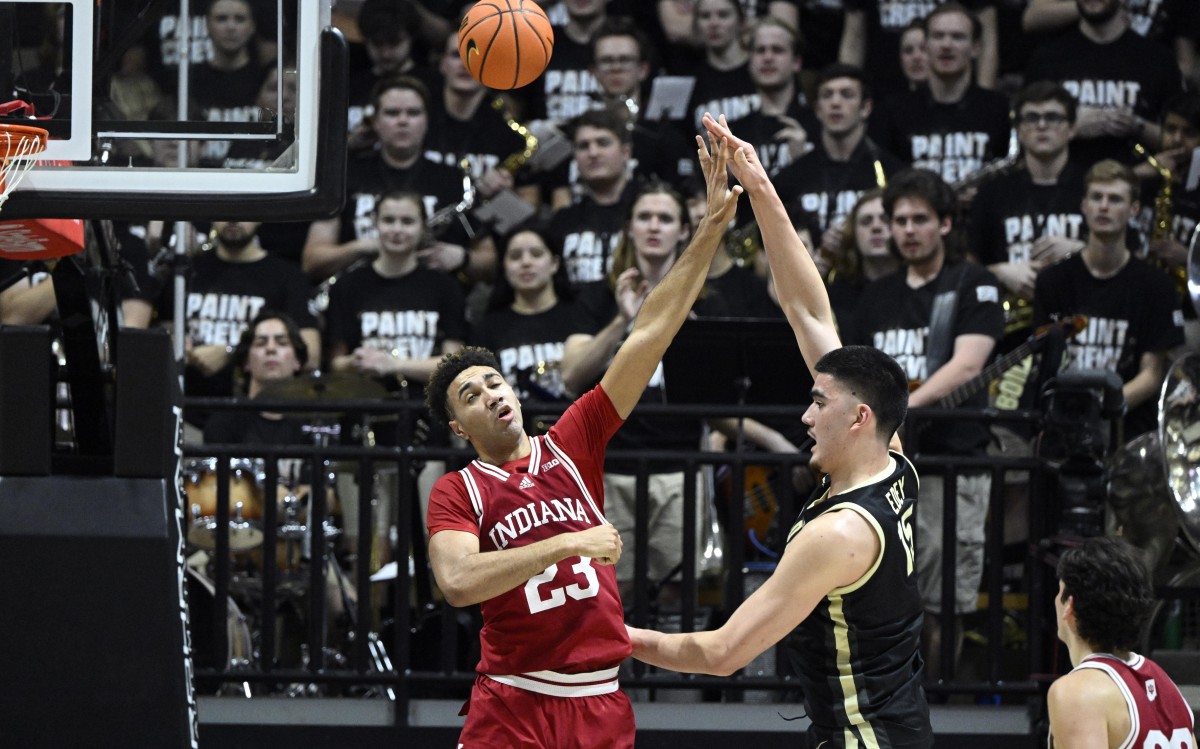 Purdue Boilermakers center Zach Edey (15) shoots the ball against Indiana Hoosiers forward Trayce Jackson-Davis (23) during the first half at Mackey Arena.