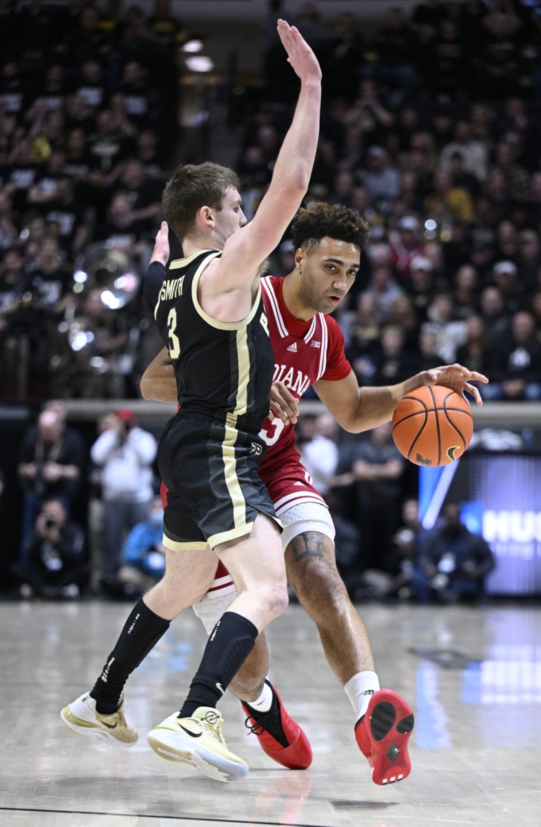 Indiana Hoosiers forward Trayce Jackson-Davis (23) drives against Purdue Boilermakers guard Braden Smith (3) during the first half the game at Mackey Arena.
