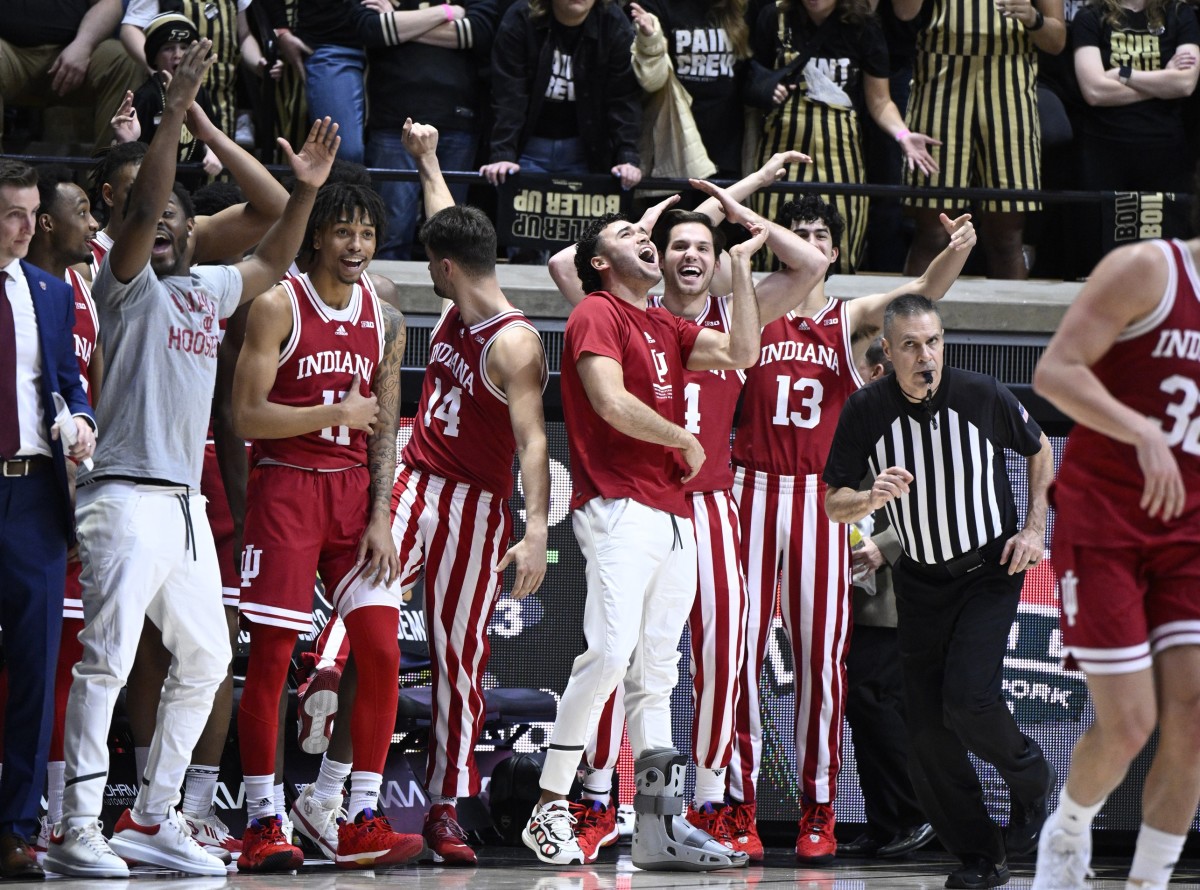 The Indiana Hoosiers bench celebrates after defeating the Purdue Boilermakers at Mackey Arena. Indiana won 79-71.