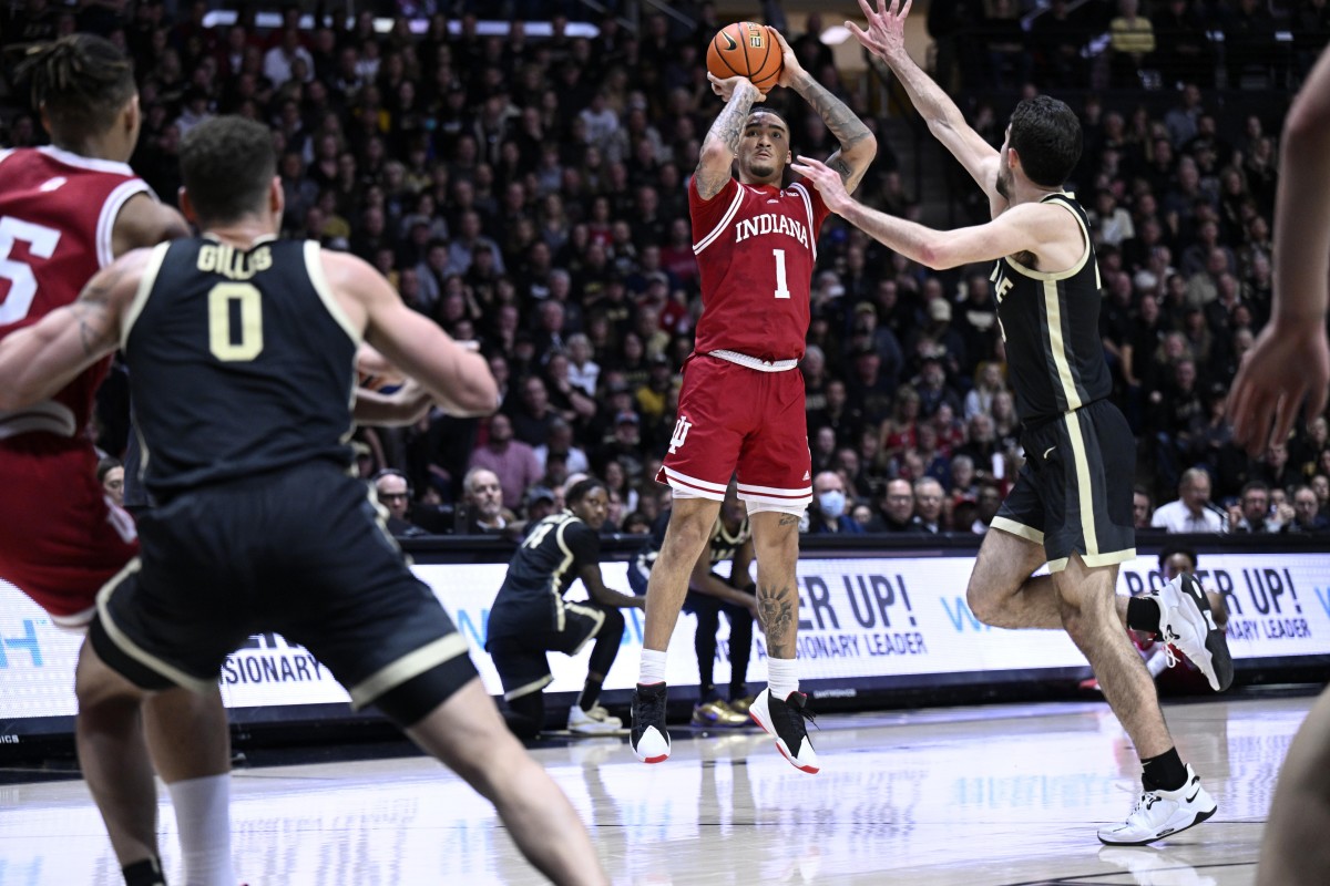 Indiana Hoosiers guard Jalen Hood-Schifino (1) shoots the ball against Purdue Boilermakers guard Ethan Morton (25) during the first half at Mackey Arena.
