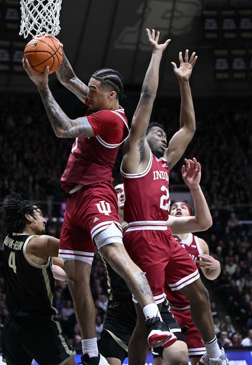 Jalen Hood-Schifino (1) grabs a rebound against the Purdue Boilermakers during the second half at Mackey Arena.