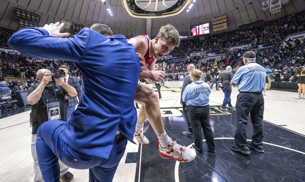 Indiana Hoosiers forward Miller Kopp (12) celebrates after defeating the Purdue Boilermakers at Mackey Arena.
