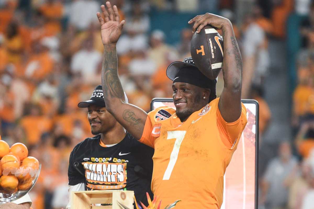 Tennessee quarterback Joe Milton III (7) waves to the crowd after the Orange Bowl game between the Tennessee Vols and Clemson Tigers at Hard Rock Stadium in Miami Gardens, Fla. on Friday, Dec. 30, 2022. Tennessee defeated Clemson 31-14.