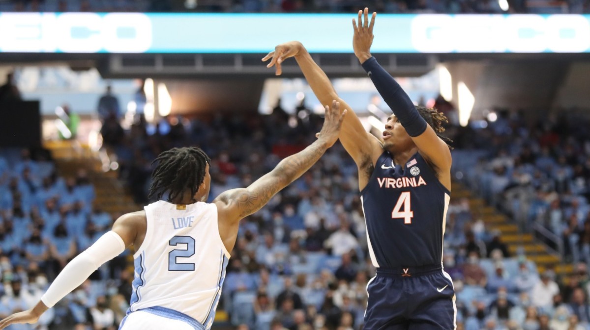 Armaan Franklin attempts a three-pointer during the Virginia men's basketball game at North Carolina at the Dean Smith Center.