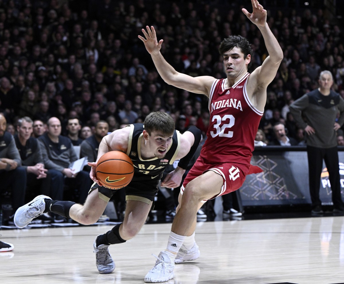 Purdue Boilermakers guard Braden Smith (3) drives the ball against Indiana Hoosiers guard Trey Galloway (32) during the second half at Mackey Arena. Indiana won 79-71.