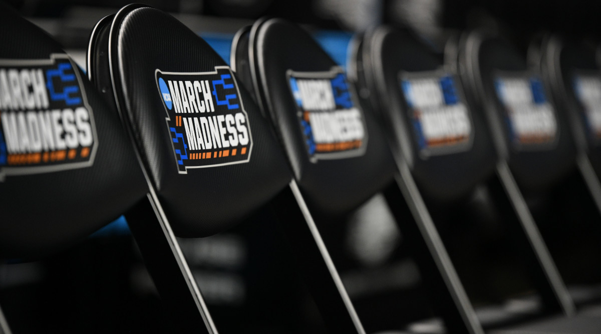 chairs in a row with March Madness branding on the backs