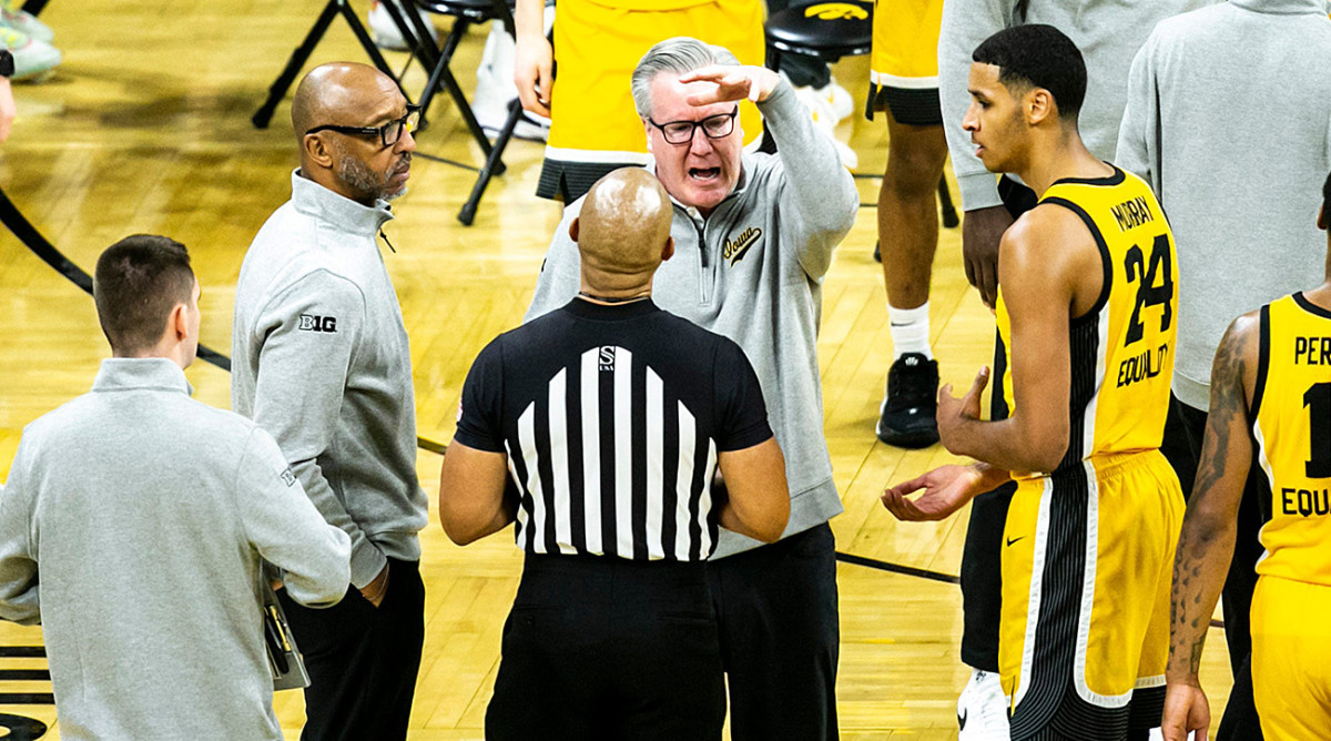 Iowa head coach Fran McCaffery argues with referees.