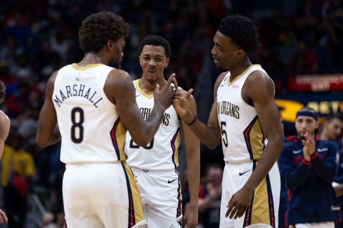 Herb Jones and Naji Marshall celebrate against the Orlando Magic.