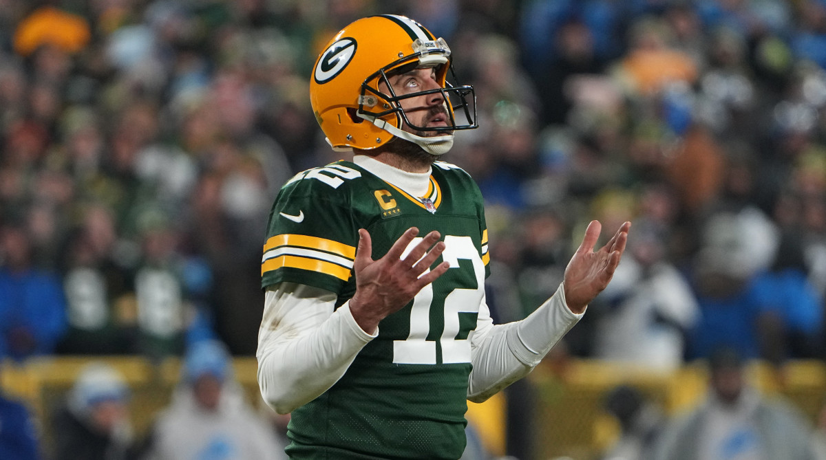 Packers quarterback Aaron Rodgers reacts after an interception was nullified by a penalty.