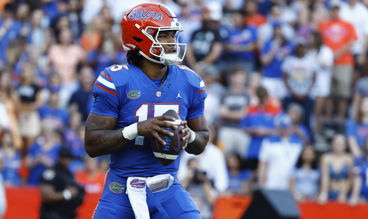 Nov 12, 2022; Gainesville, Florida, USA; Florida Gators quarterback Anthony Richardson (15) drops back against the South Carolina Gamecocks during the first quarter at Ben Hill Griffin Stadium. Mandatory Credit: Kim Klement-USA TODAY Sports