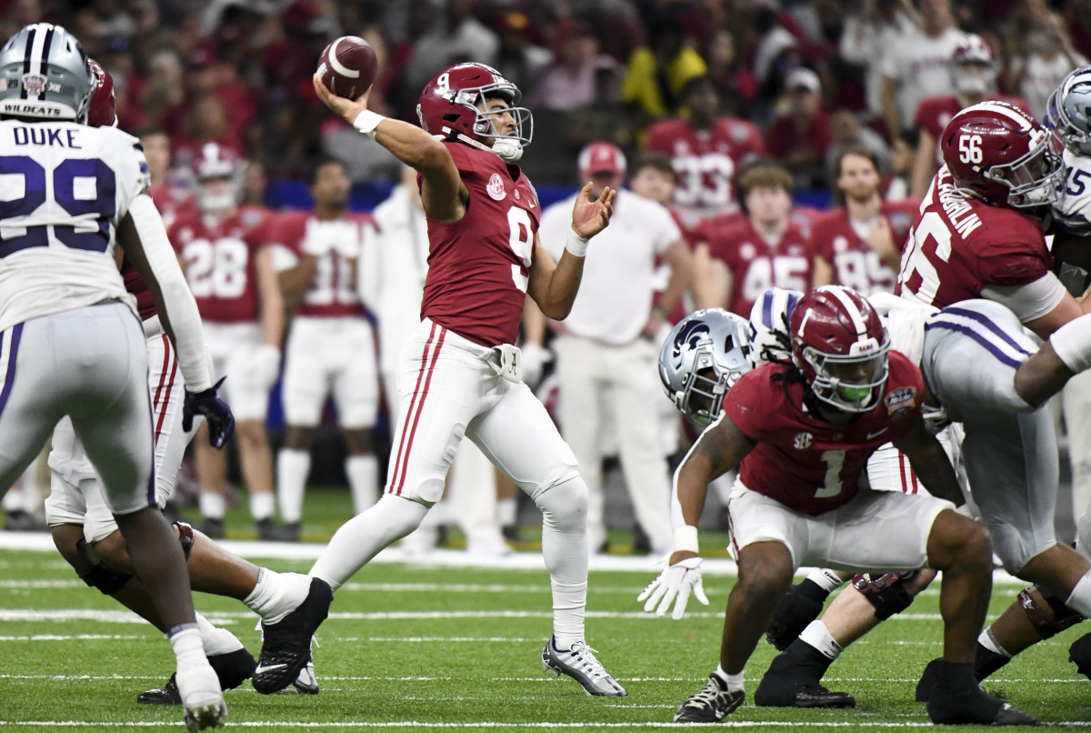 Dec 31, 2022; New Orleans, LA, USA; Alabama quarterback Bryce Young (9) throws a pass during the 2022 Sugar Bowl at Caesars Superdome. Alabama defeated Kansas State 45-20. Young completed five touchdown passes in the game. Mandatory Credit: Gary Cosby Jr.-USA TODAY Sports