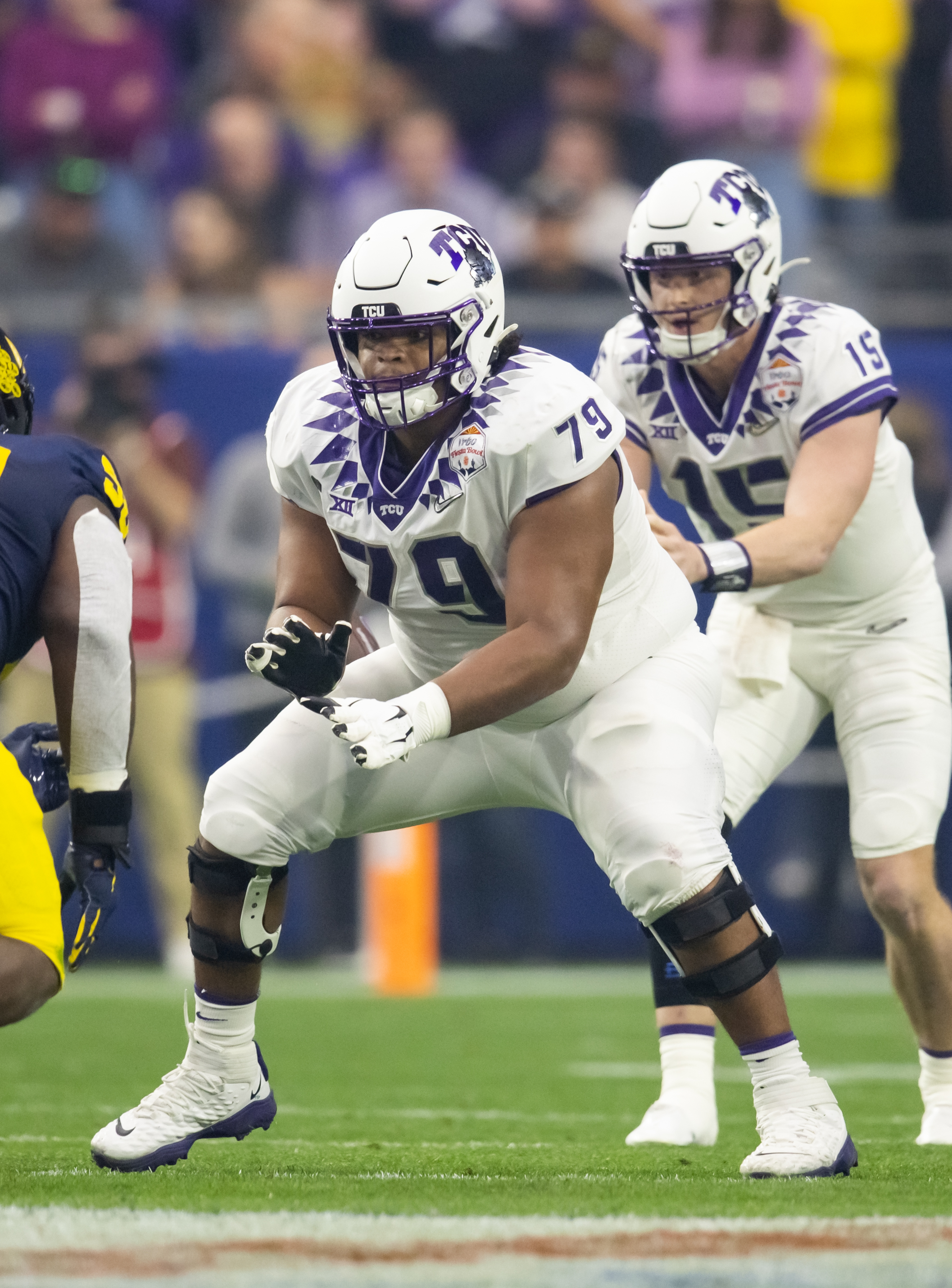 Dec 31, 2022; Glendale, Arizona, USA; TCU Horned Frogs offensive lineman Steve Avila (79) against the Michigan Wolverines during the 2022 Fiesta Bowl at State Farm Stadium. Mandatory Credit: Mark J. Rebilas-USA TODAY Sports