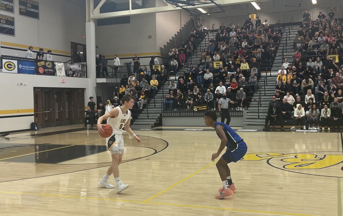 Centerville point guard Gabe Cupps walks the ball up the court in a game against Springboro on Jan. 3, 2023. Cupps scored 22 points in a 90-43 win.