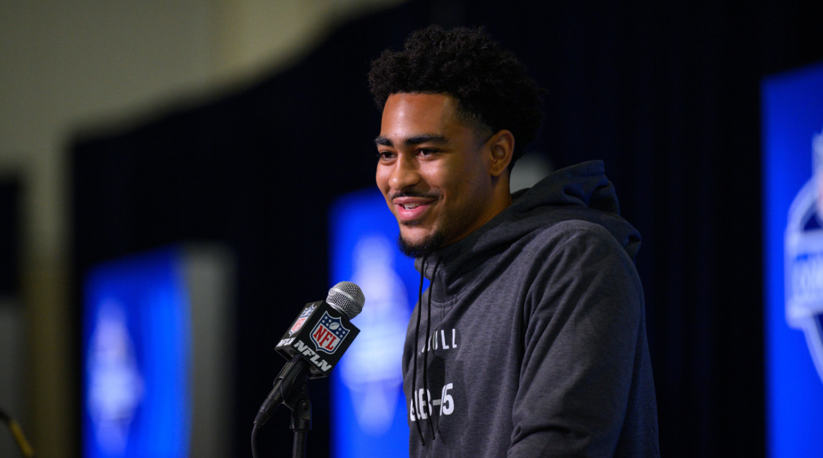 Bryce Young answers questions at the NFL combine.