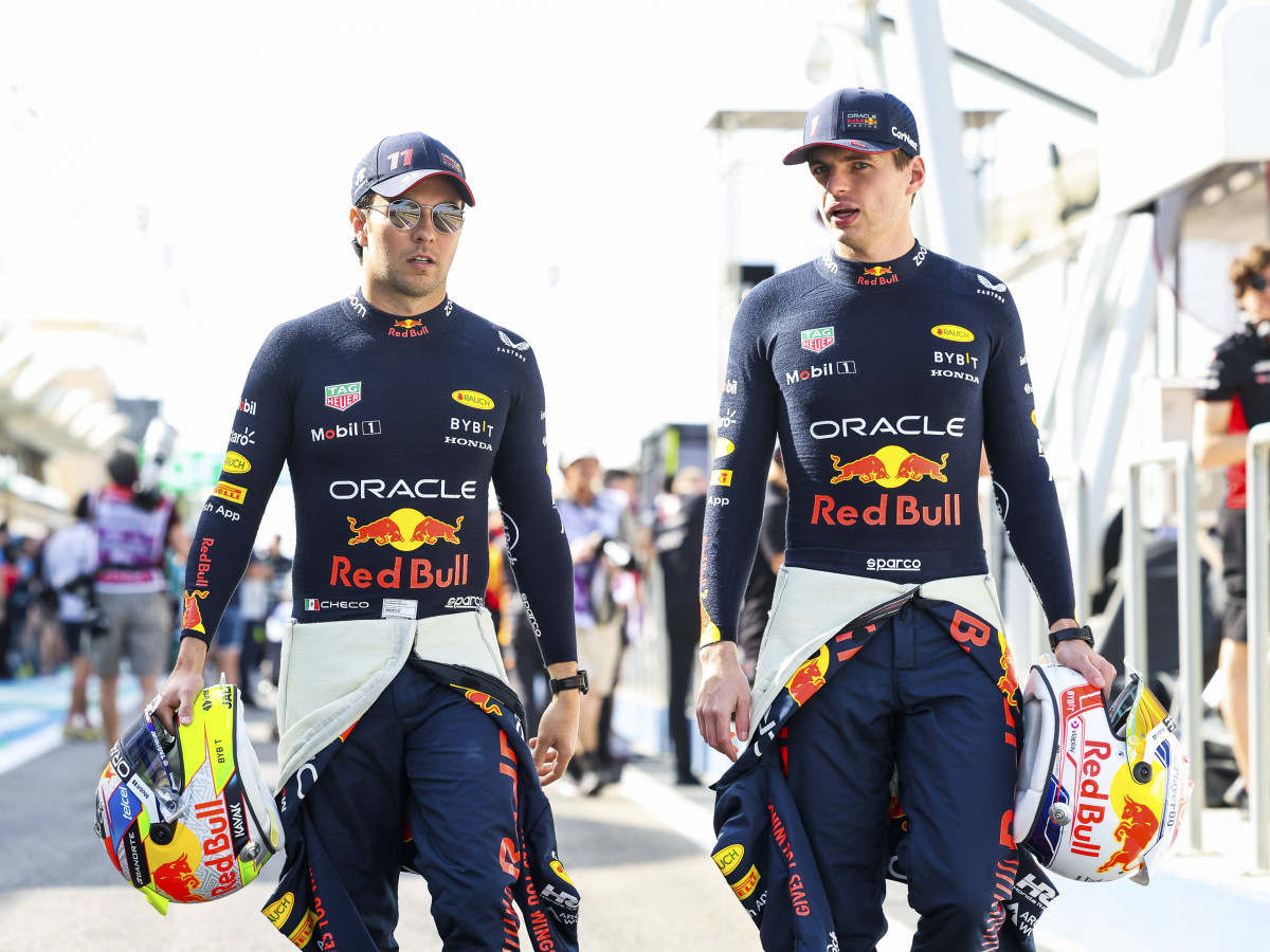 Red Bull drivers Max Verstappen and Sergio Perez at preseason testing in February 2023.