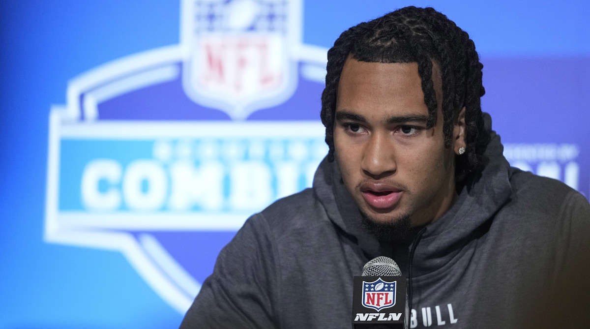 Ohio State quarterback C.J. Stroud speaks during a news conference at the NFL football scouting combine.