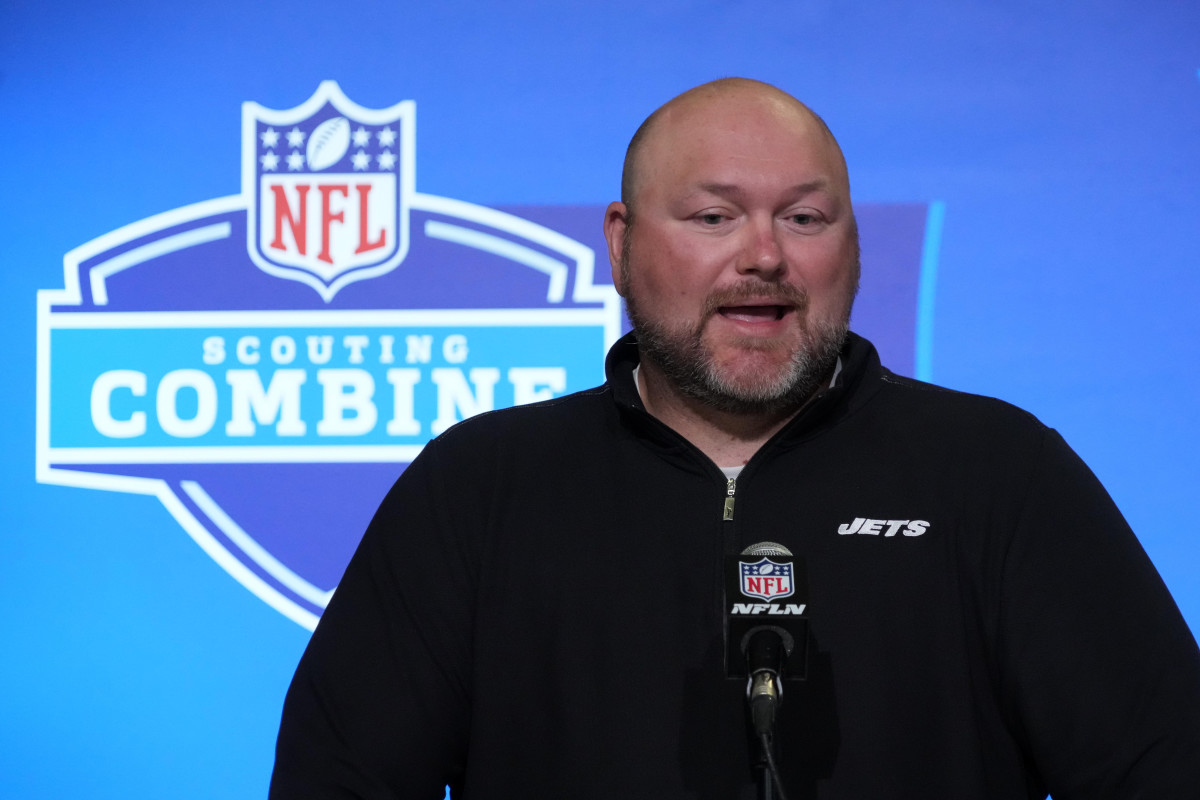 Jets general manager Joe Douglas speaks at the 2023 NFL Combine in Indianapolis.