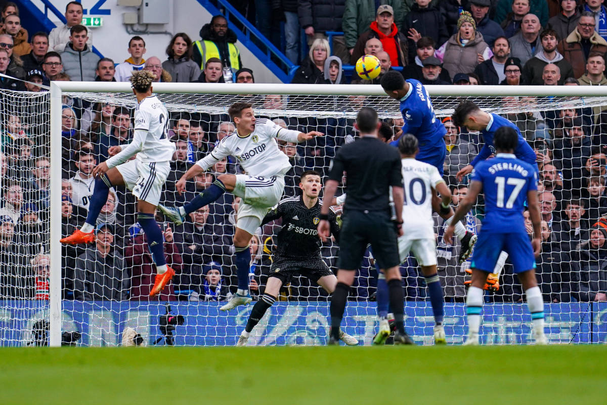 Chelsea defender Wesley Fofana pictured heading the ball to score against Leeds United in March 2023
