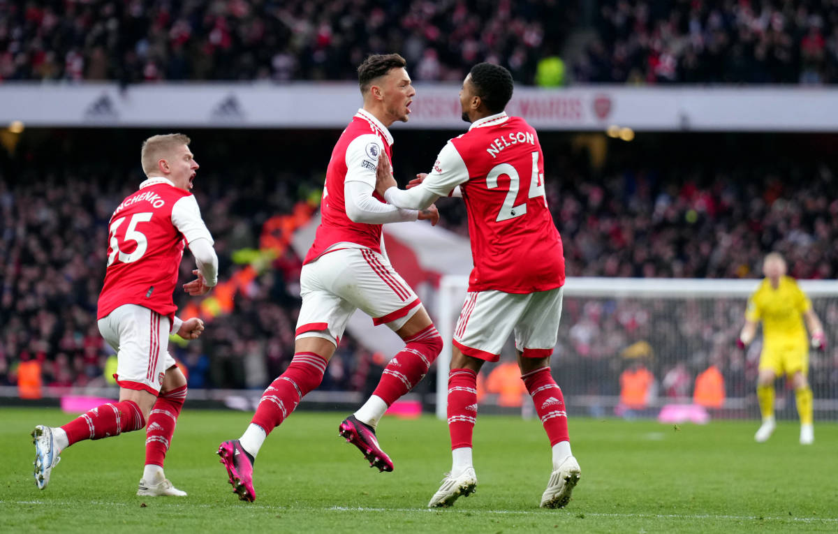 Ben White pictured (center) celebrating after scoring his first goal for Arsenal during an EPL game against Bournemouth in March 2023