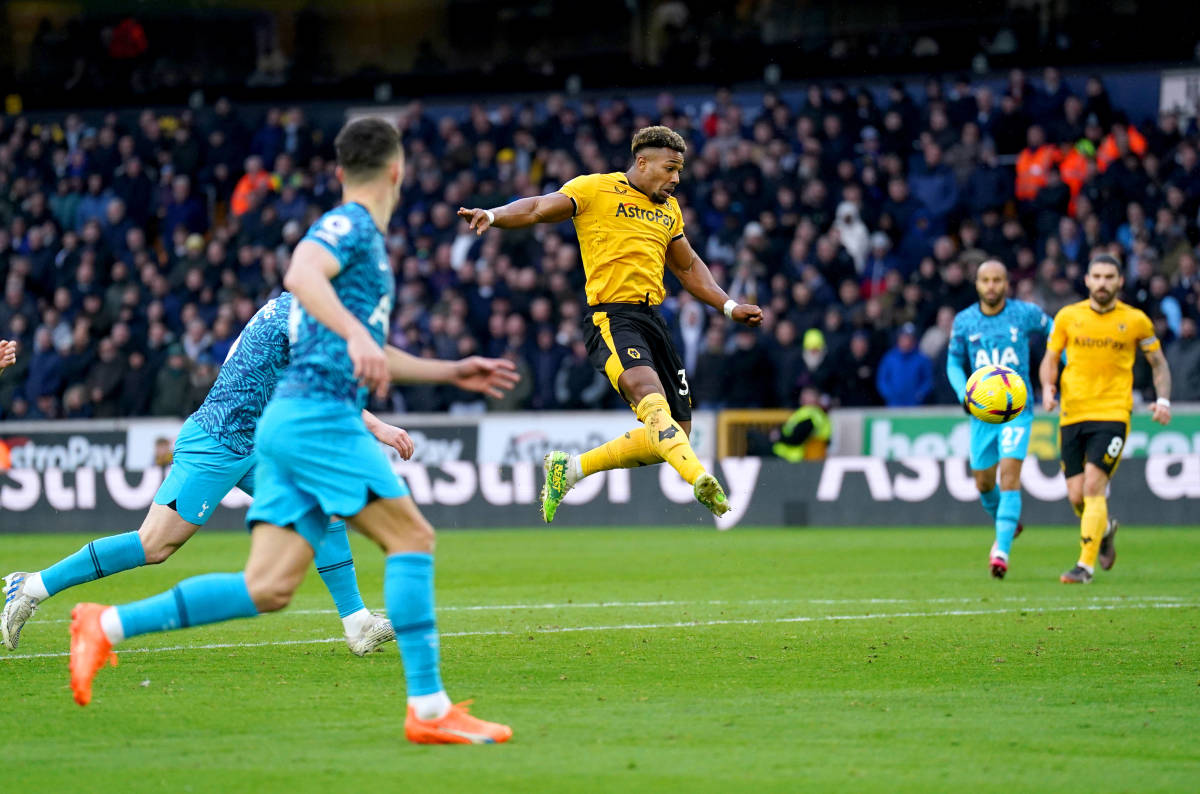 Adama Traore pictured scoring a spectacular winning goal for Wolves against Tottenham in March 2023
