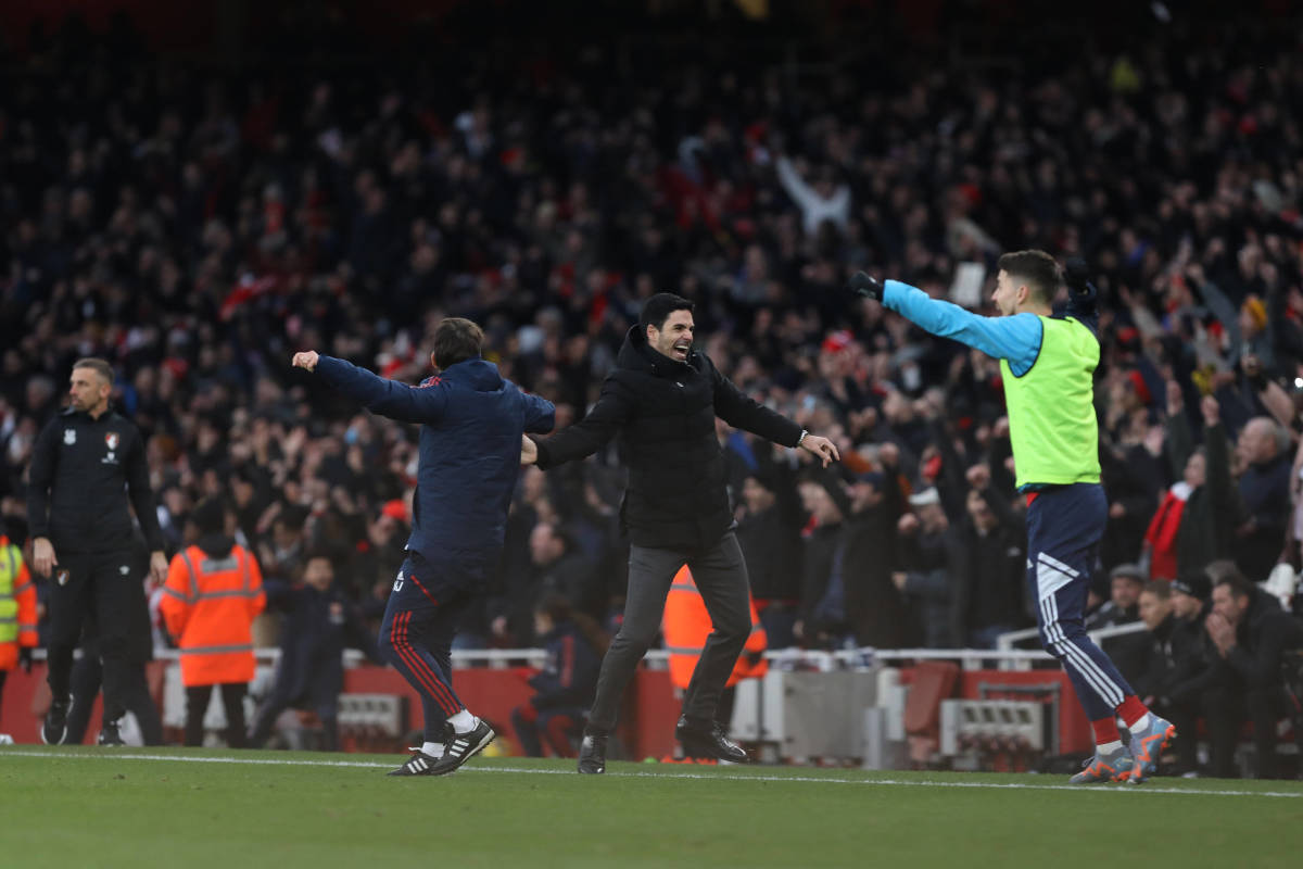 Arsenal manager Mikel Arteta pictured (center) celebrating during his team's 3-2 win over Bournemouth in March 2023
