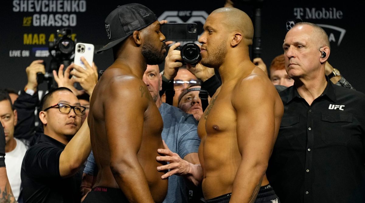 Jon Jones and Ciryl Gane face each other at the UFC 285 weigh-in