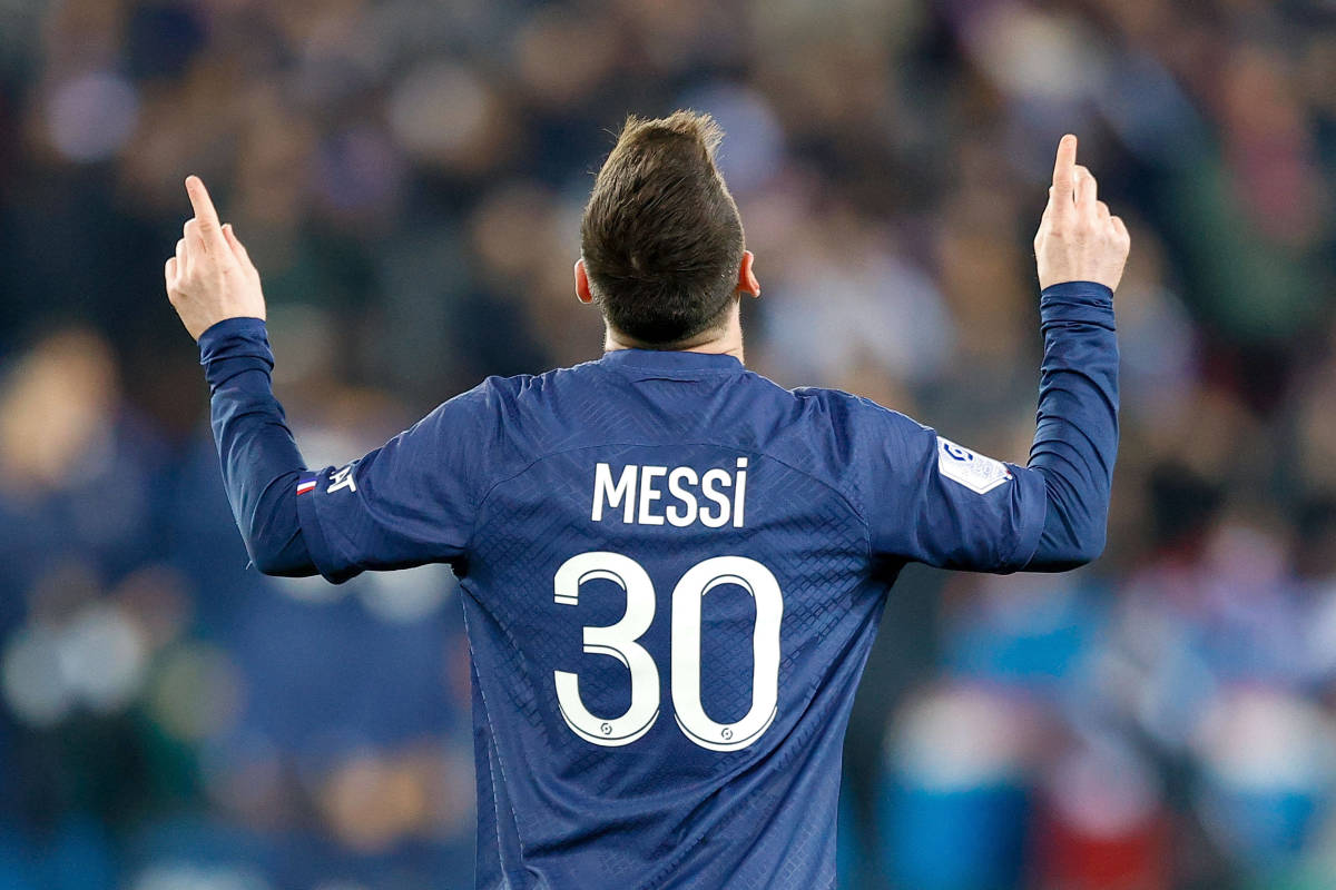 Lionel Messi pictured celebrating after scoring for PSG in a 4-2 win over Nantes in March 2023