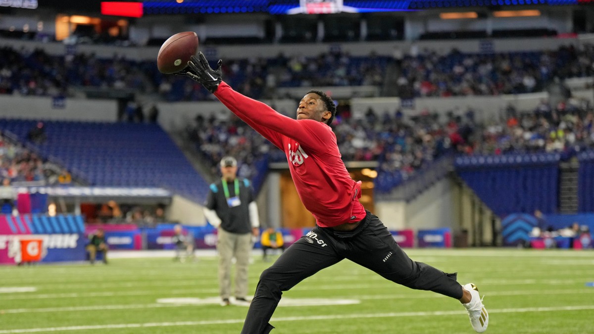 Jordan Addison at the Combine. (Kirby Lee/USA Today Sports Images)