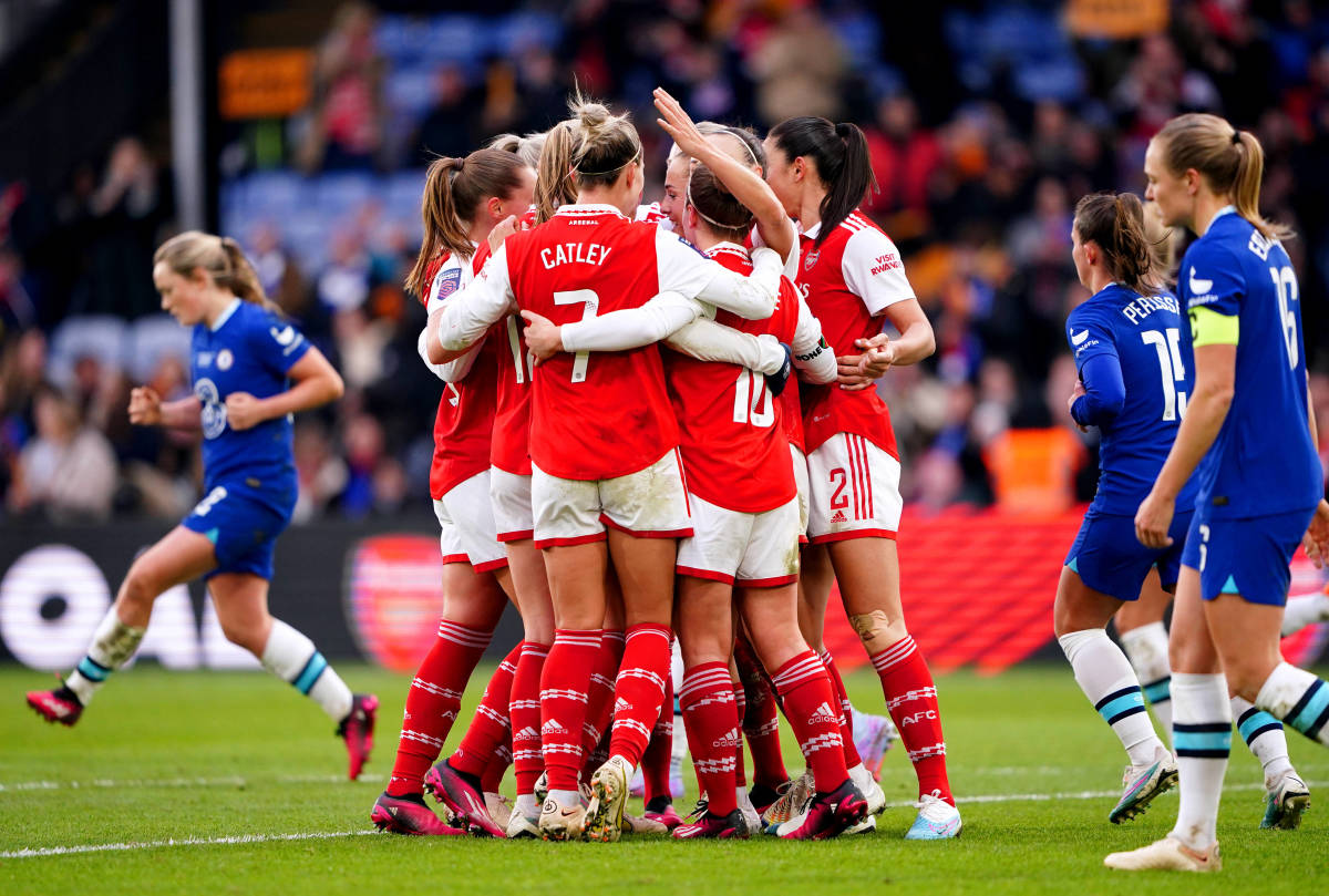 Arsenal's players pictured celebrating during their victory over Chelsea in the 2022/23 FA Women's League Cup final