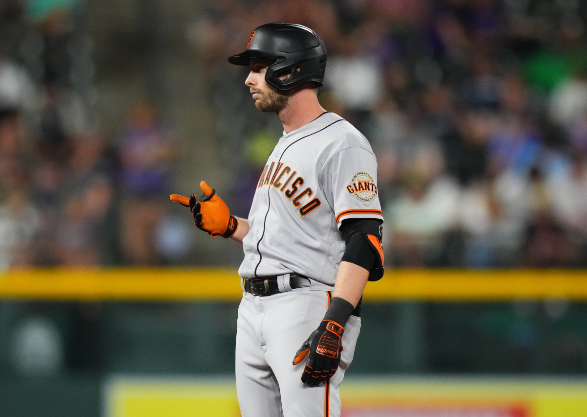 SF Giants left fielder Austin Slater reacts to his double in the sixth inning against the Colorado Rockies at Coors Field. (2022)