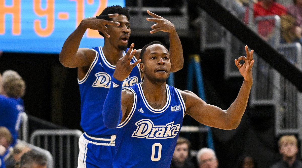 Drake guard D.J. Wilkins reacts after making a three-pointer against Bradley in the Missouri Valley championship.