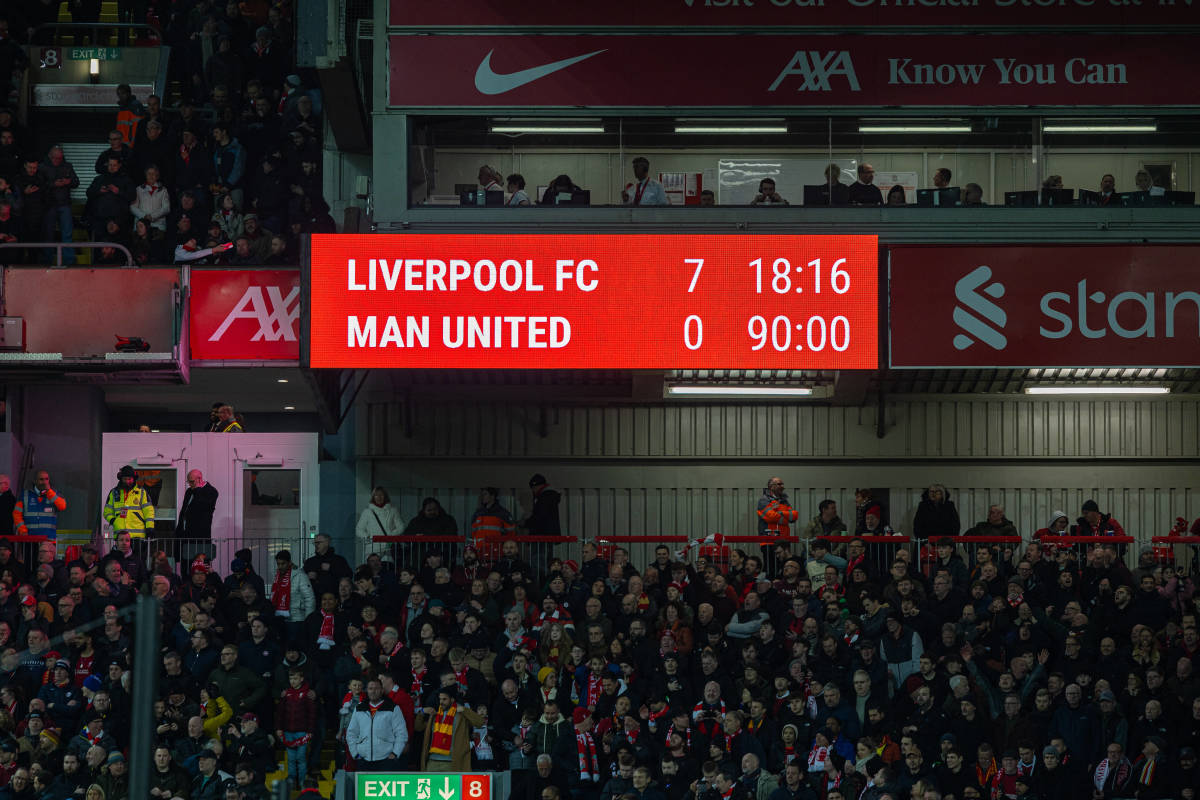 A photo of the scoreboard at Anfield after Liverpool beat Manchester United 7-0 in March 2023