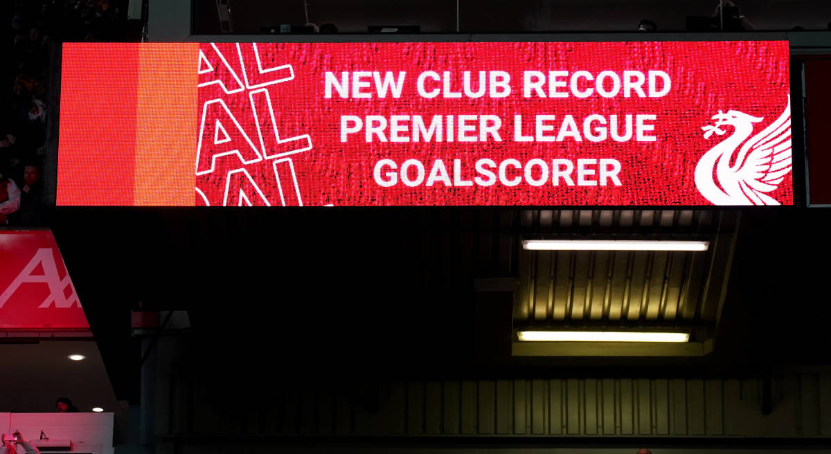 The big screen at Anfield pictured displaying a message to celebrate Mo Salah after he became Liverpool's leading scorer in Premier League history by netting his 128th and 129th goals during a 7-0 win over Manchester United in March 2023