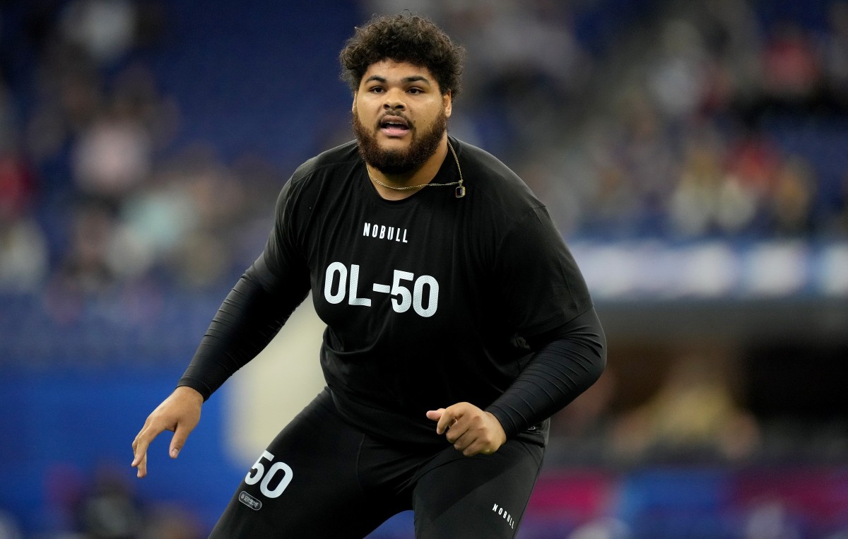 Mar 5, 2023; Indianapolis, IN, USA; Tennessee offensive lineman Darnell Wright (OL50) during the NFL Scouting Combine at Lucas Oil Stadium. Mandatory Credit: Kirby Lee-USA TODAY Sports
