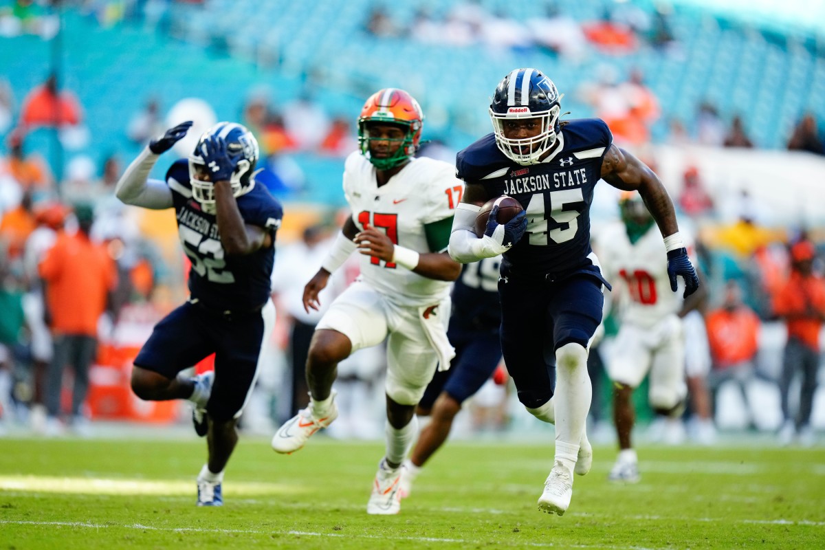 Sep 4, 2022; Miami, Florida, US; Jackson State Tigers linebacker Aubrey Miller Jr. (45)) runs in a touch down against the Florida A&M Rattlers during the second half at Hard Rock Stadium. Mandatory Credit: Rich Storry-USA TODAY Sports