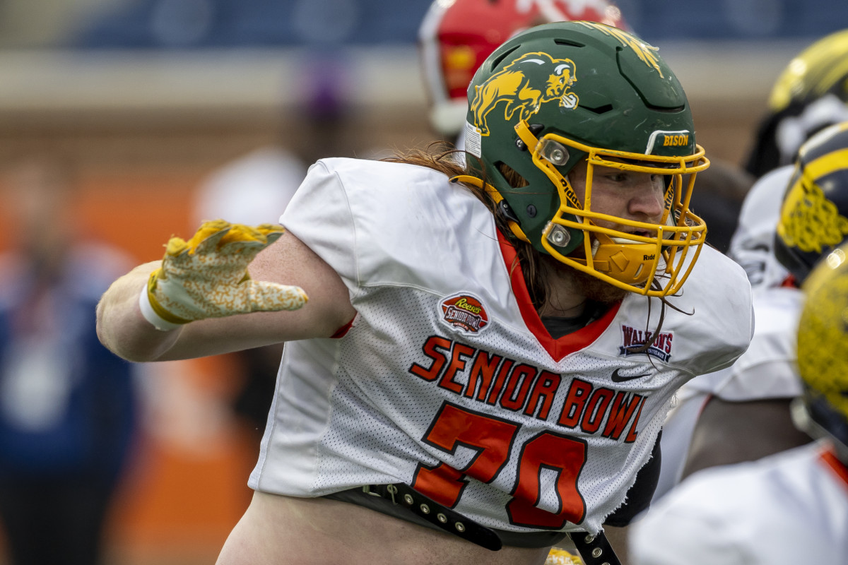 Feb 2, 2023; Mobile, AL, USA; National offensive lineman Cody Mauch of North Dakota State (70) practices during the third day of Senior Bowl week at Hancock Whitney Stadium in Mobile. Mandatory Credit: Vasha Hunt-USA TODAY Sports