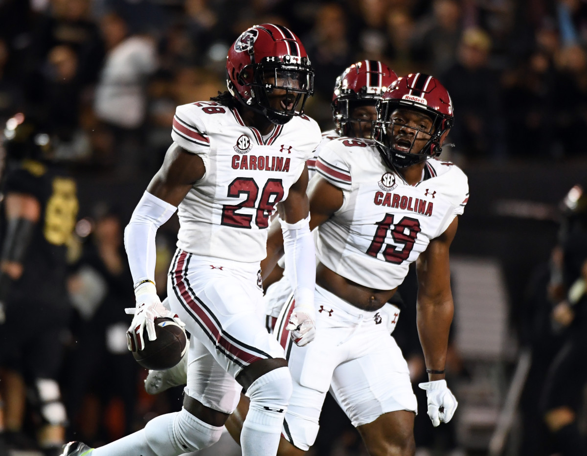 Nov 5, 2022; Nashville, Tennessee, USA; South Carolina Gamecocks defensive back Darius Rush (28) celebrates after intercepting a pass intended for Vanderbilt Commodores wide receiver Will Sheppard (not pictured) during the first half at FirstBank Stadium. Mandatory Credit: Christopher Hanewinckel-USA TODAY Sports