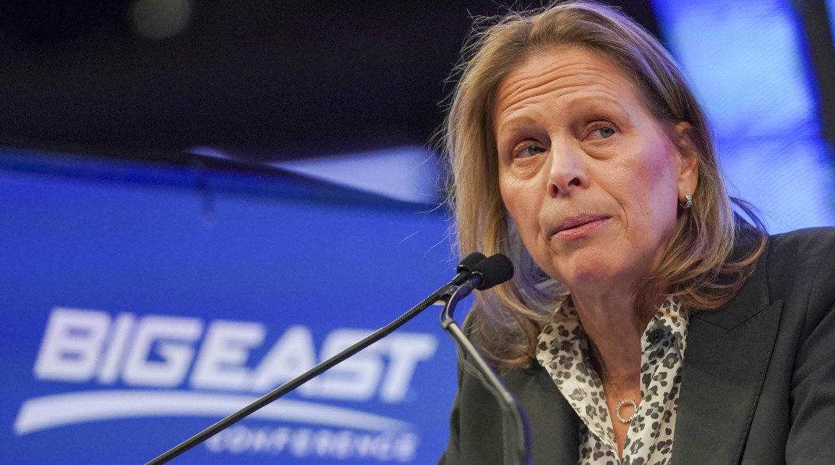 Big East commissioner Val Ackerman speaks at Big East media day in October 2022